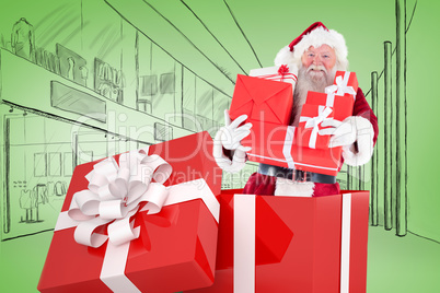 Composite image of santa standing in large gift