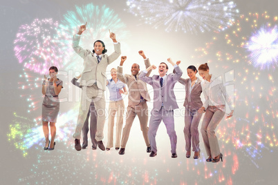 Composite image of very enthusiast business people jumping and r