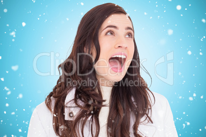 Composite image of beauty brown hair in white coat screaming