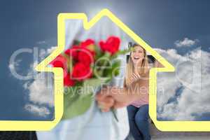 Composite image of man hiding bouquet of roses from smiling girl