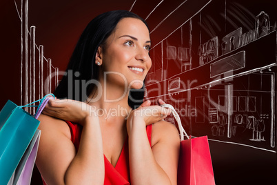 Composite image of woman standing with shopping bags