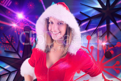 Composite image of pretty brunette in santa outfit smiling at ca
