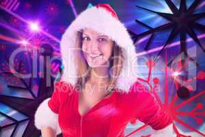 Composite image of pretty brunette in santa outfit smiling at ca