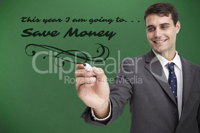 Composite image of young businessman writing something