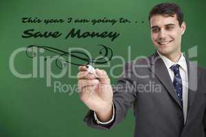 Composite image of young businessman writing something