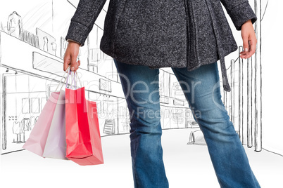 Composite image of smiling woman holding shopping bag