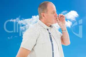 Composite image of older man holding hand to mouth for silence
