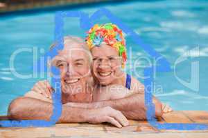 Composite image of happy mature couple in the swimming pool