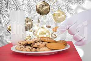 Composite image of hand of santa taking cookie