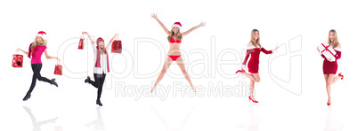 Composite image of festive blonde carrying gift bags