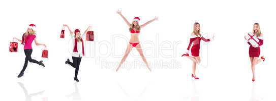 Composite image of festive blonde carrying gift bags