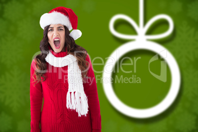 Composite image of stressed brunette in santa hat screaming