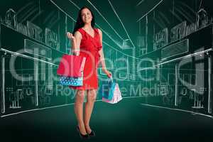 Composite image of woman standing with shopping bags