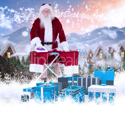 Composite image of smiling santa ironing his pants