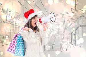 Composite image of festive brunette holding megaphone and bags