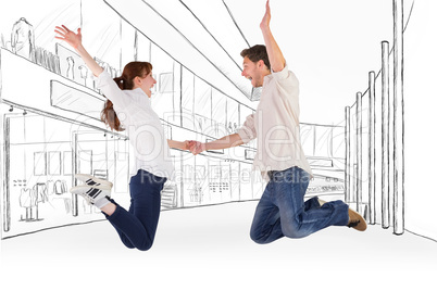 Composite image of couple jumping and holding hands