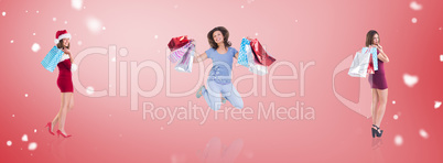 Composite image of pretty woman holding shopping bags with finge