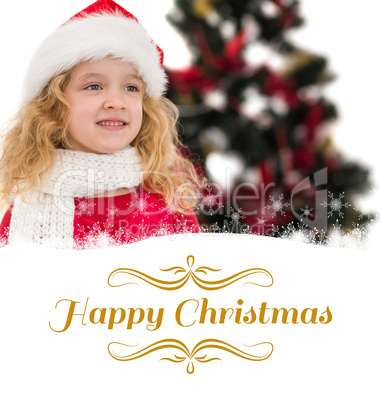 Composite image of festive little girl in santa hat and scarf