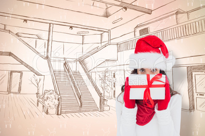 Composite image of brunette in red gloves and santa hat showing