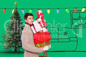 Composite image of young man with many christmas presents