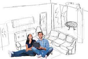 Composite image of young couple sitting on floor with tablet