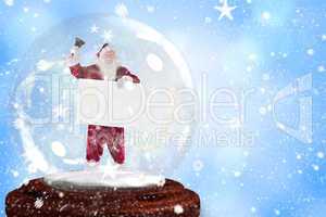 Composite image of santa ringing bell and holding sign in snow g