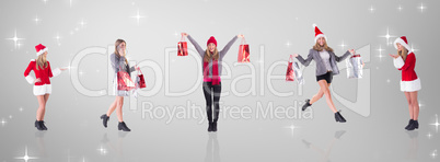 Composite image of pretty santa girl presenting with hand