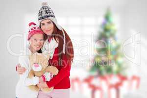 Composite image of mother and daughter with teddy