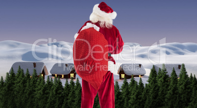 Composite image of santa is holding his bag in one hand