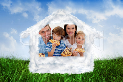 Composite image of portrait of family eating pizza in livingroom
