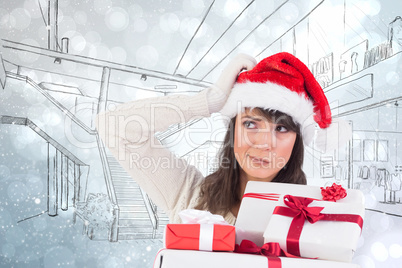 Composite image of santa woman scratching head and holding gifts