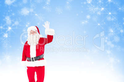 Composite image of cheerful santa claus waving