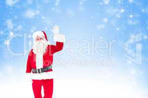 Composite image of cheerful santa claus waving