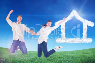 Composite image of couple jumping and holding hands