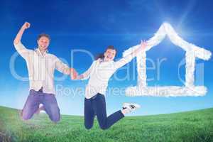 Composite image of couple jumping and holding hands