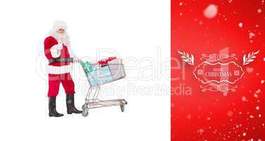 Composite image of positive santa delivering gifts with a trolle