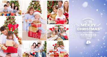 Composite image of collage of families celebrating christmas tog