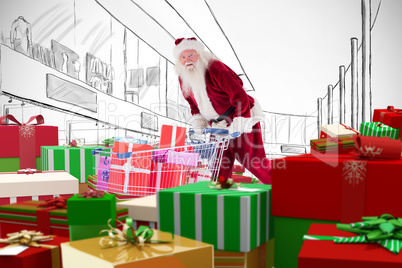 Composite image of santa delivering gifts from cart