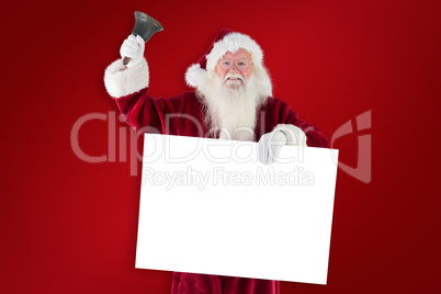 Composite image of santa holds a sign and rings his bell