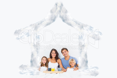 Composite image of family taking the breakfast on the bed