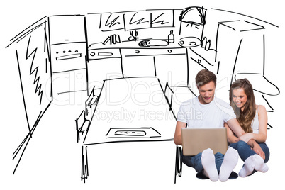 Composite image of young couple using laptop on floor