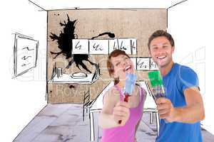 Composite image of couple both holding paint brushes