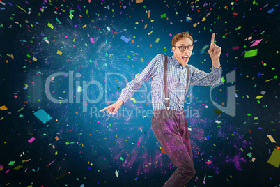 Composite image of geeky hipster dancing to vinyl