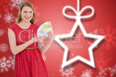 Composite image of pretty blonde in red dress showing her cash