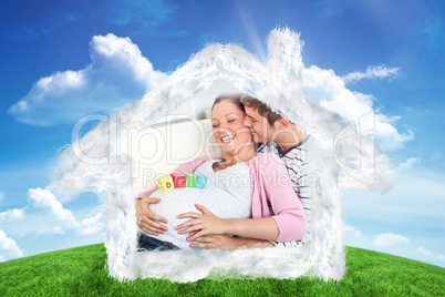 Composite image of portrait of a merry pregnant woman with baby