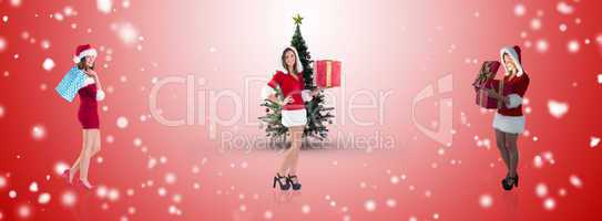 Composite image of santa girl opening gift