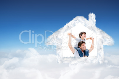 Composite image of attractive father giving a piggyback to his s