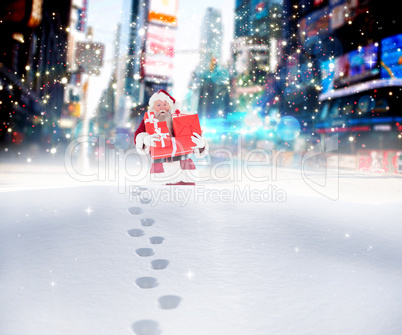 Composite image of santa carrying gifts in the snow