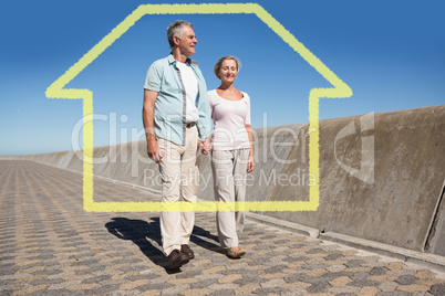 Composite image of happy senior couple walking on the pier