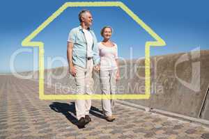 Composite image of happy senior couple walking on the pier